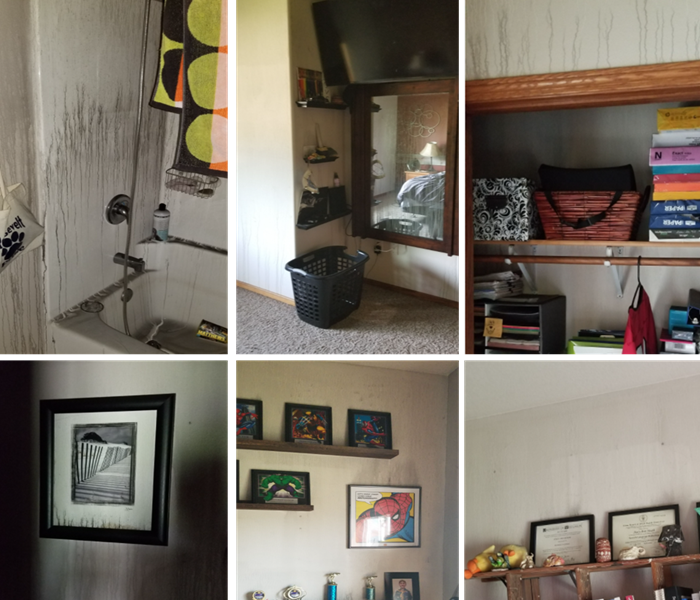 Collage photos of soot damage from a residential fire