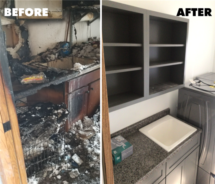 Fire Damaged Cabinets next to Restored Cabinets