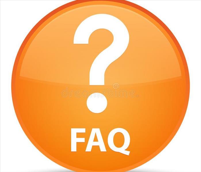 Orange circle with white question mark and letters FAQ