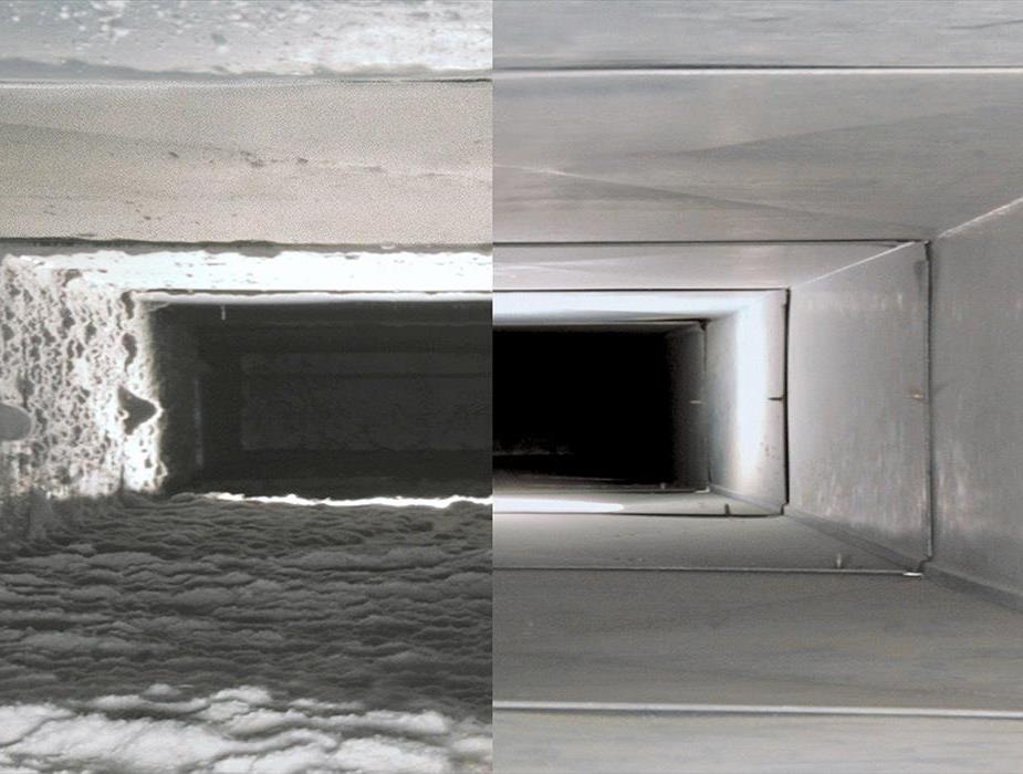 Split image of a dirty air duct and a cleaned duct