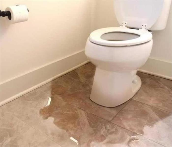 Toilet with water on tile floor